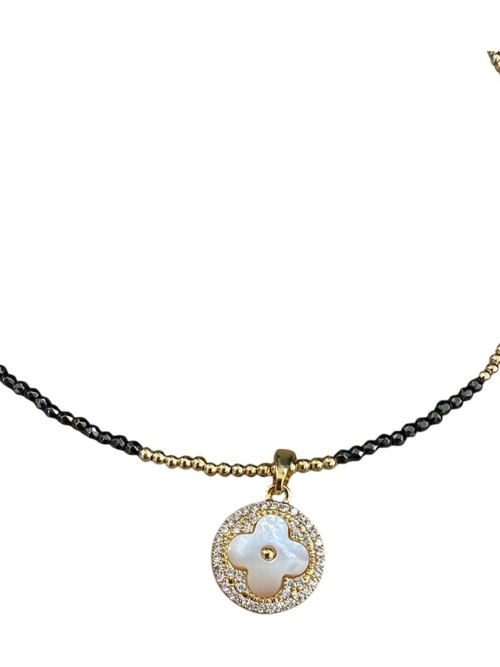 Designer Adina Eden Gold/Hematite Necklace with Pave Stone Clover pendant S925